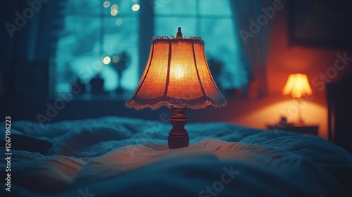 Cozy bedroom lit by lamp at night, winter scene outside window photo