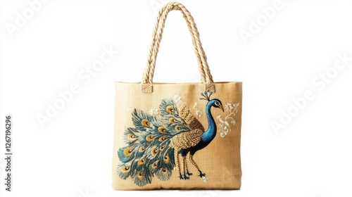Woven Straw Beach Bag with Peacock Embroidery on a White Background