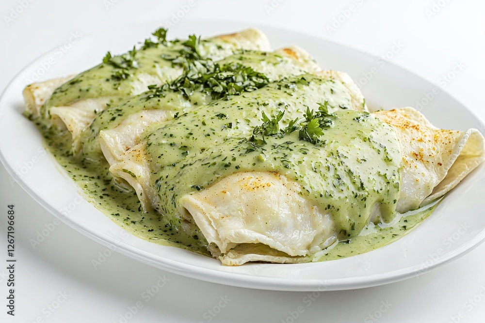 Delicious enchiladas verdes on a white plate with creamy green sauce and fresh parsley garnish Delicious enchiladas verdes on a white plate with creamy green sauce and fresh parsley garnish
