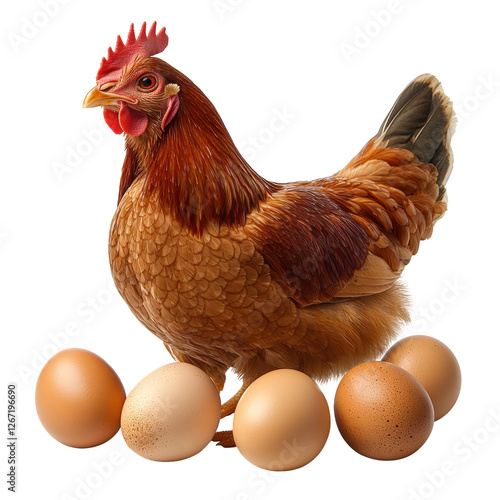 Isolated Brown Hen Standing Guard Over Fresh Eggs, Symbolizing Farm Freshness