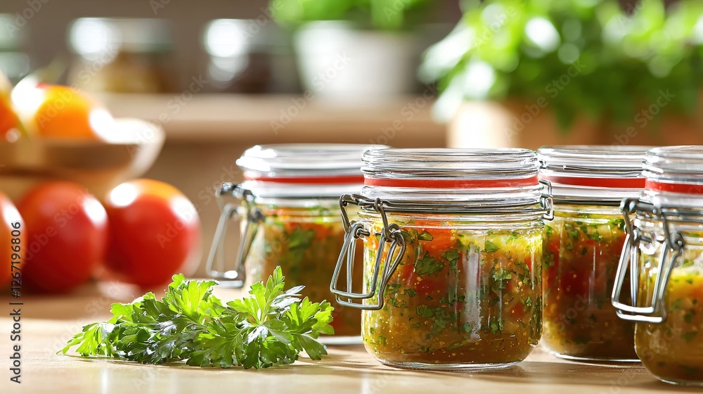 Fresh Homemade Salsa in Glass Jars with Tomatoes and Parsley on a Wooden Kitchen Table Fresh Homemade Salsa in Glass Jars with Tomatoes and Parsley on a Wooden Kitchen Table
