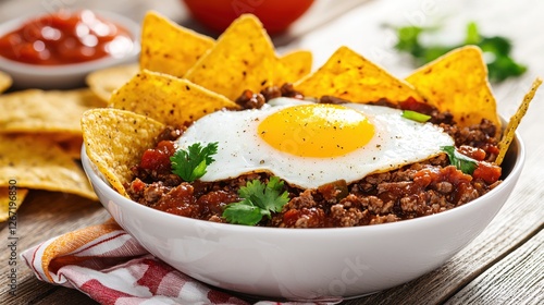 Delicious Chili Con Carne with Fried Egg and Tortilla Chips in White Bowl on Wooden Table