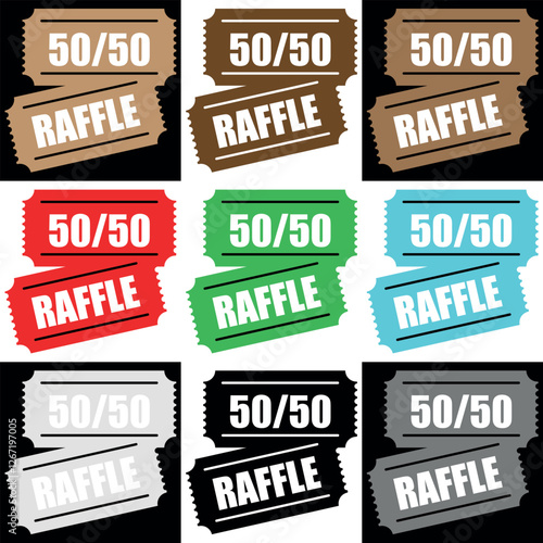 Collection of 50-50 raffle icons in different colors. Clipart image isolated on black and white background. Editable vector illustration.