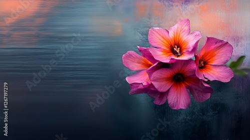 Vibrant pink flowers with orange centers against a blurred blue and purple background