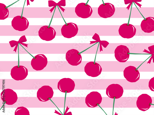 リボンがついたさくらんぼとボーダーの壁紙