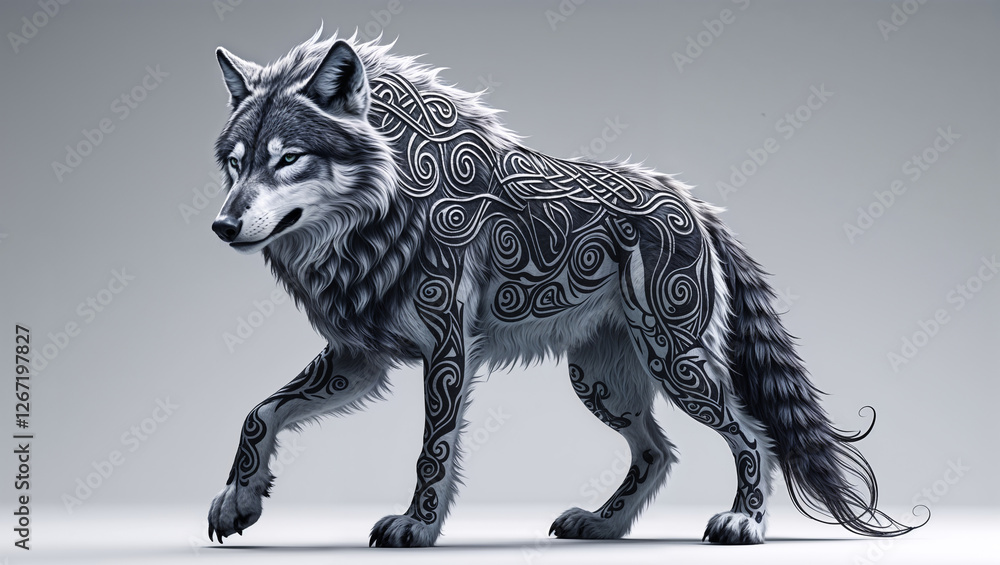 Fototapeta premium Monochrome tribal wolf illustration with intricate artistic patterns and symmetrical details