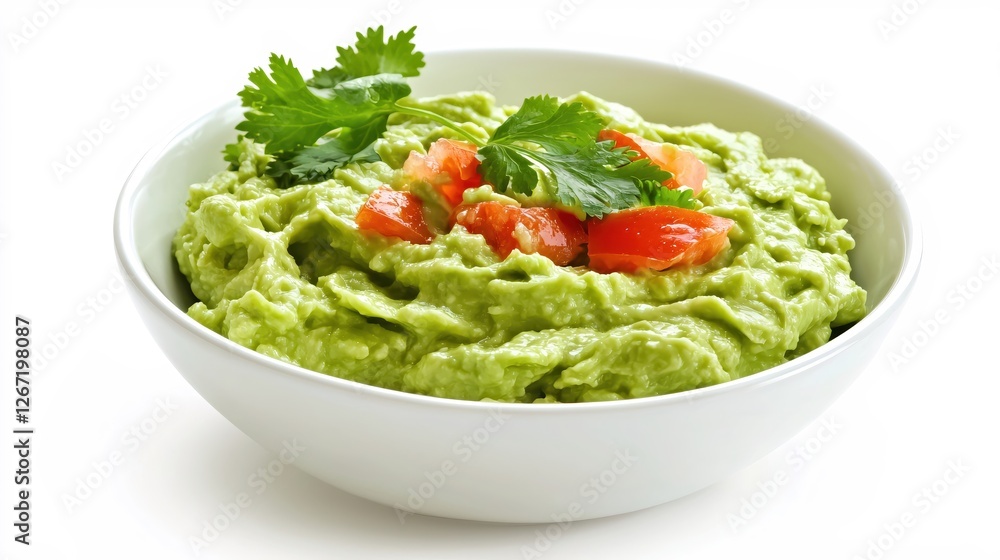 Creamy avocado dip with fresh tomato and cilantro garnish in a white bowl on white background Creamy avocado dip with fresh tomato and cilantro garnish in a white bowl on white background