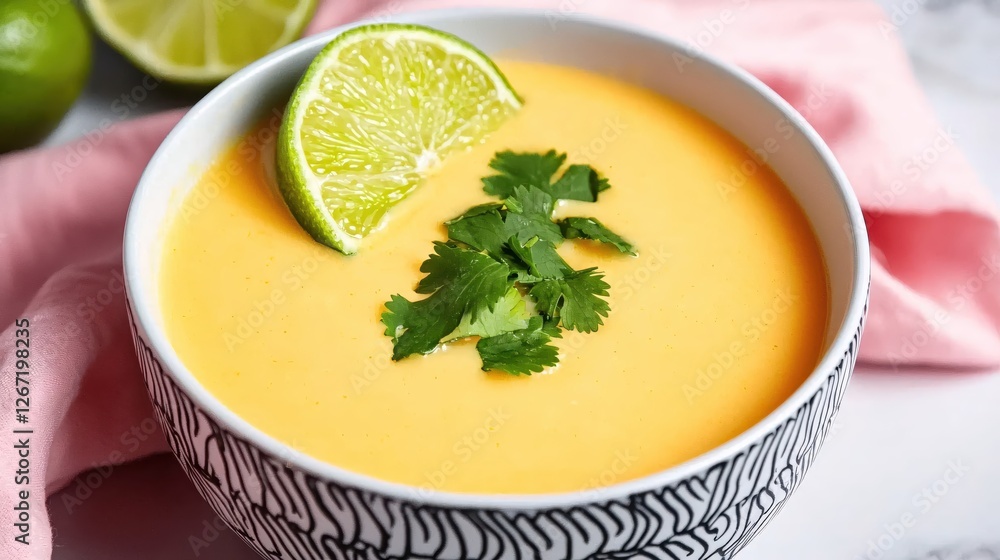 Creamy yellow soup garnished with fresh lime and cilantro in patterned bowl on marble table Creamy yellow soup garnished with fresh lime and cilantro in patterned bowl on marble table