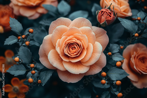 Delicate Peach Roses and Blue Foliage, A Floral Still Life