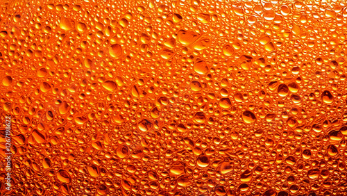 Close-up photography of a textured glass surface of a drink, with bubbles and foam, and condensed water