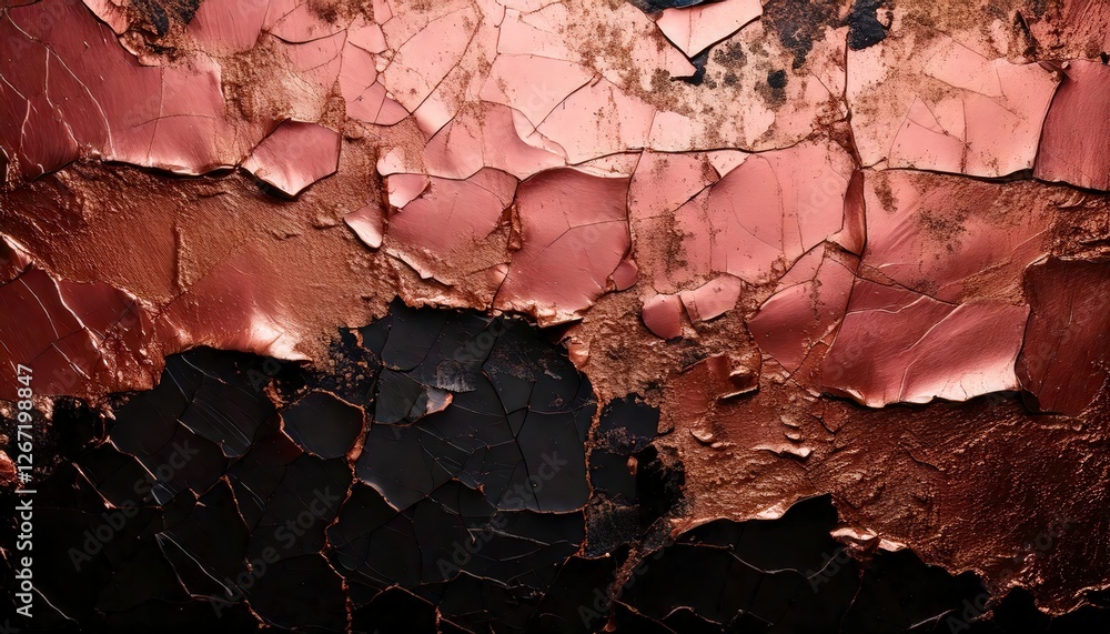 Fototapeta premium A rose gold and black grunge background with peeling layers and rough textures.