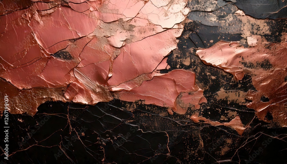 Naklejka premium A rose gold and black grunge background with peeling layers and rough textures.