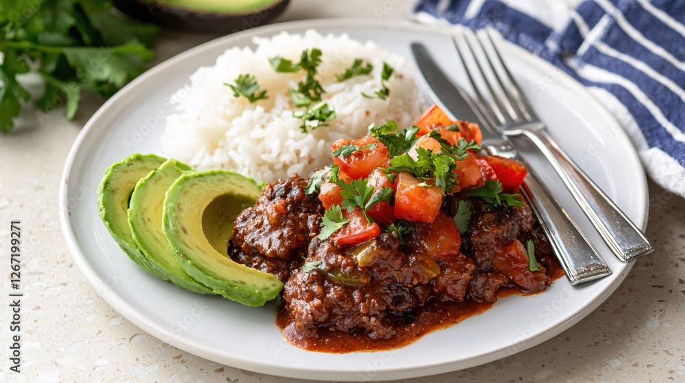 Delicious chili con carne with rice avocado and tomato salsa on a white plate ready to eat Delicious chili con carne with rice avocado and tomato salsa on a white plate ready to eat