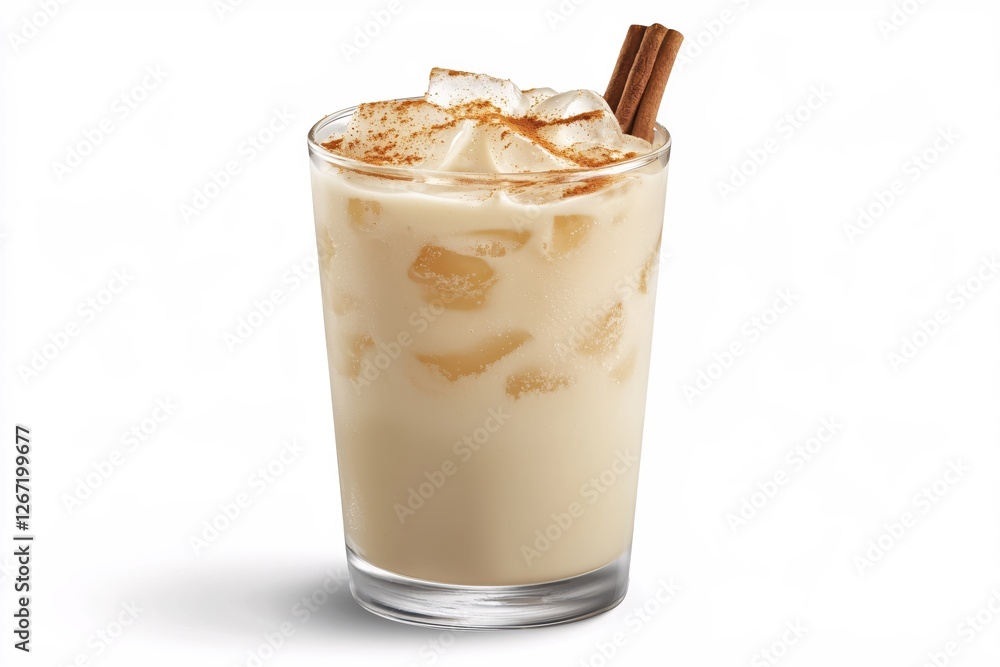 Refreshing horchata drink with ice cubes and cinnamon sticks on a clean white background Refreshing horchata drink with ice cubes and cinnamon sticks on a clean white background