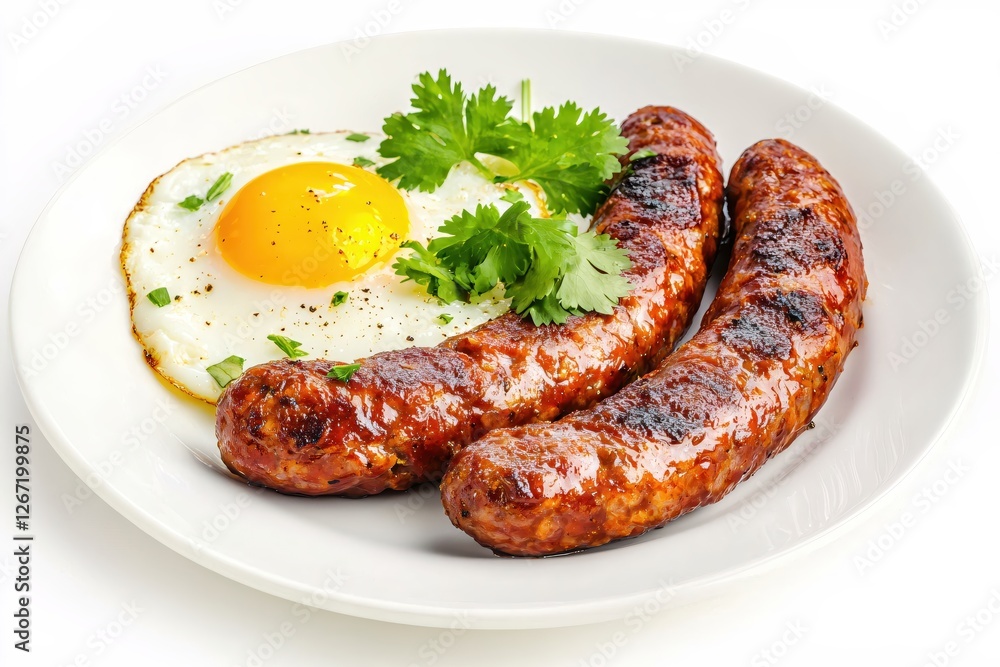 Delicious Breakfast Plate Featuring Sunny Side Up Egg Grilled Sausages and Fresh Cilantro Delicious Breakfast Plate Featuring Sunny Side Up Egg Grilled Sausages and Fresh Cilantro