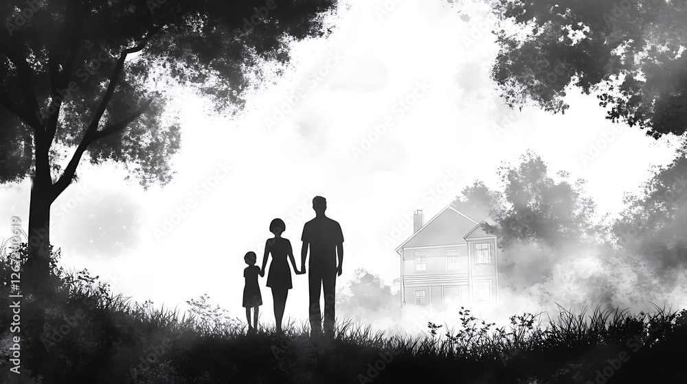 Silhouetted Family Approaching a Foggy House Silhouetted Family Approaching a Foggy House
