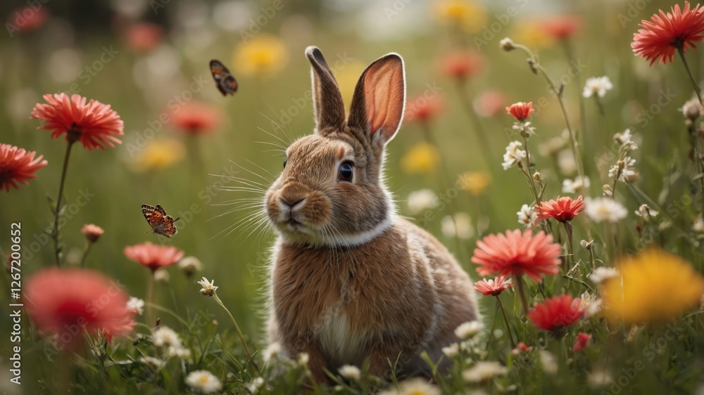 A rabbit sits amidst colorful flowers in a serene meadow, capturing nature's beauty. A rabbit sits amidst colorful flowers in a serene meadow, capturing nature's beauty.