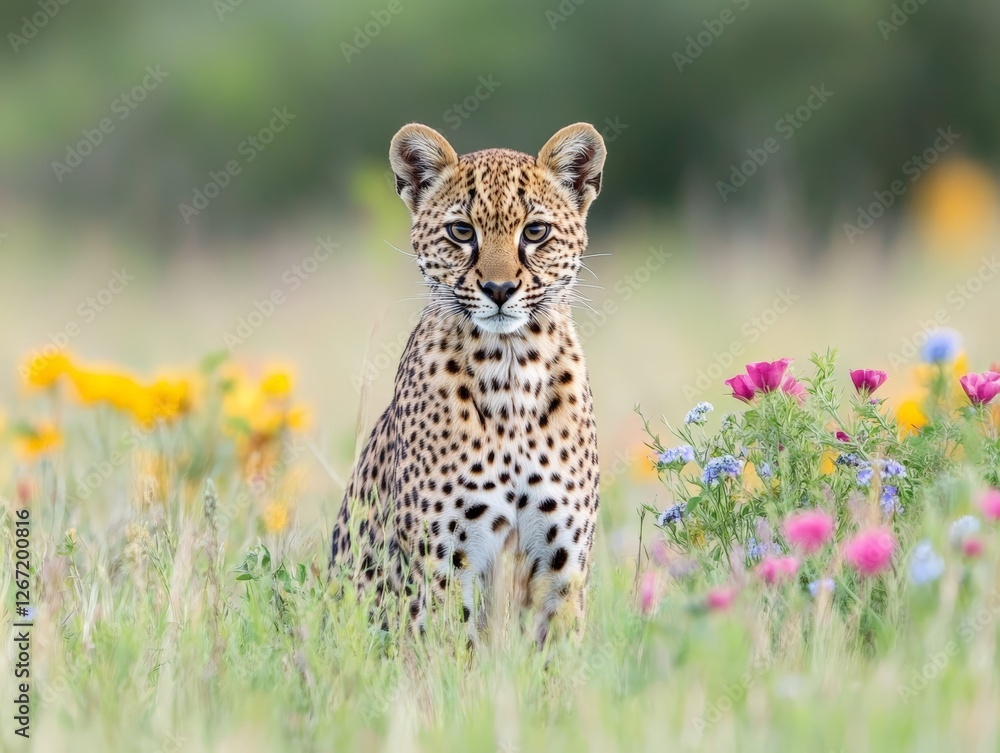 Young cheetah sitting in lush grassland surrounded by wildflowers sharp focus on feline with blurred natural background creating a striking wildlife portrait Young cheetah sitting in lush grassland surrounded by wildflowers sharp focus on feline with blurred natural background creating a striking wildlife portrait