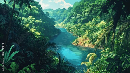 Lush jungle river vista, Serene tropical waterway through vibrant greenery