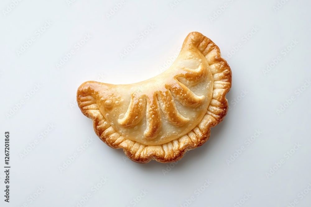 Delicious golden empanada on a white background showcasing its savory filling and flaky crust Delicious golden empanada on a white background showcasing its savory filling and flaky crust