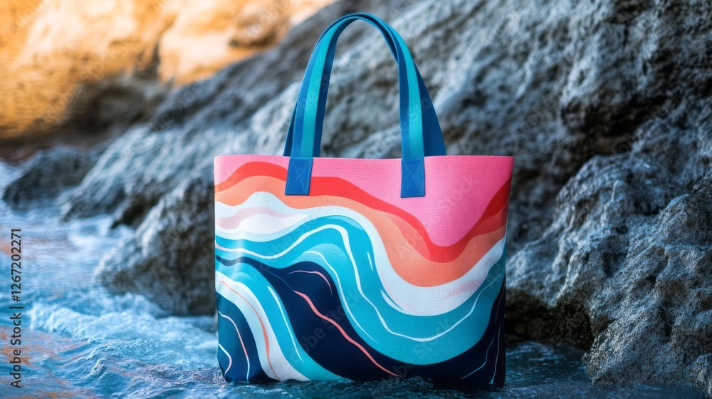 Obraz premium Stylish Tote Bag with Wave Pattern on Rocky Beach with Vibrant Color Accents