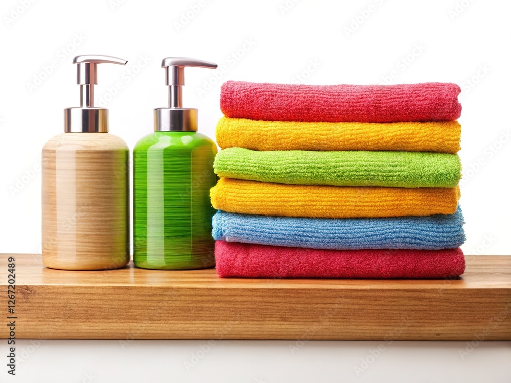 Colorful Towels and Soap Dispenser on Wooden Shelf Colorful Towels and Soap Dispenser on Wooden Shelf