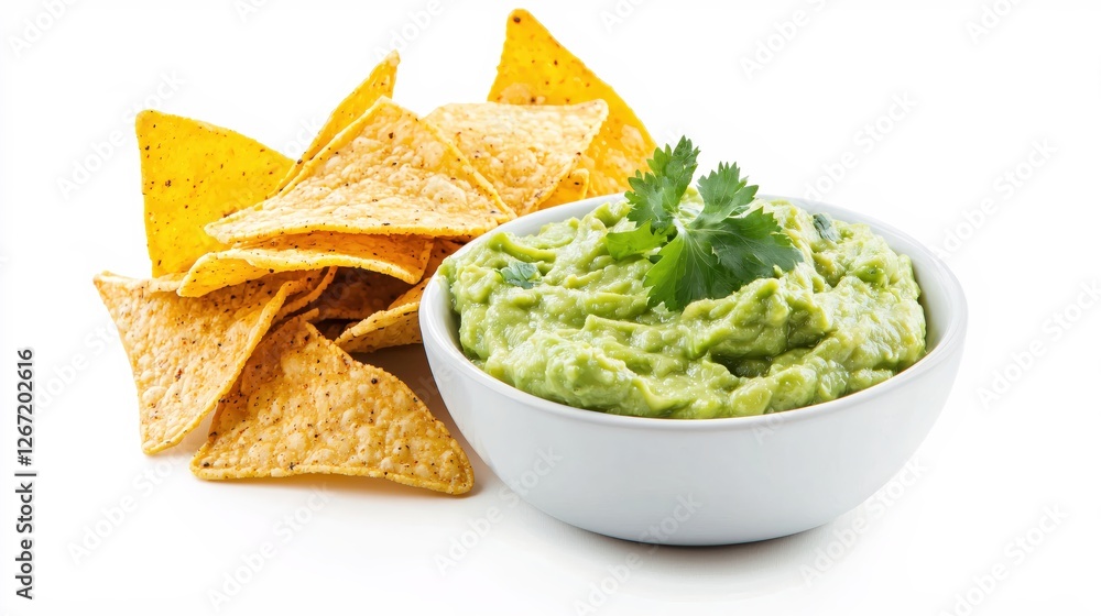 Appetizing Guacamole with Tortilla Chips on a White Background Perfect for Mexican Cuisine Appetizing Guacamole with Tortilla Chips on a White Background Perfect for Mexican Cuisine