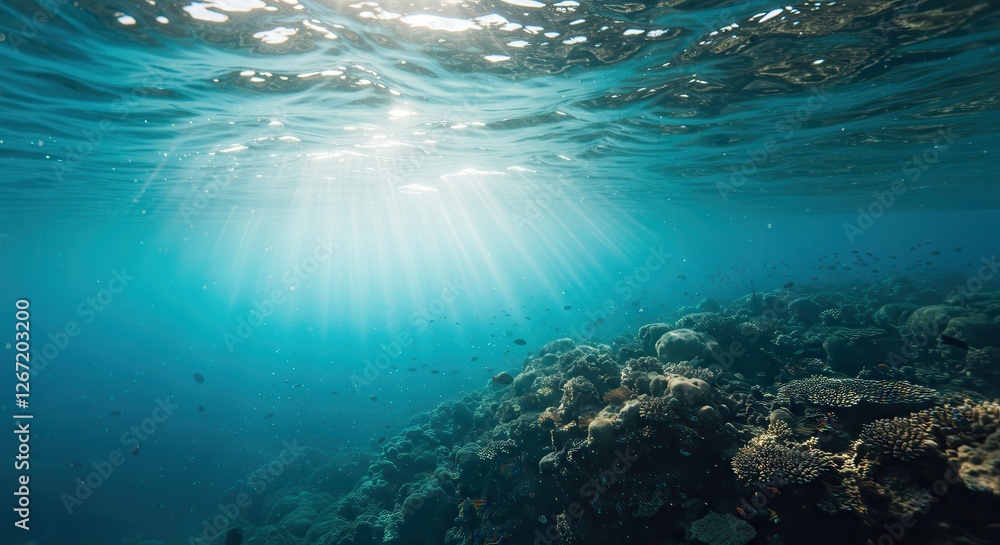 Underwater Sunlight Streams Through Clear Ocean Water Revealing Coral Reef Underwater Sunlight Streams Through Clear Ocean Water Revealing Coral Reef