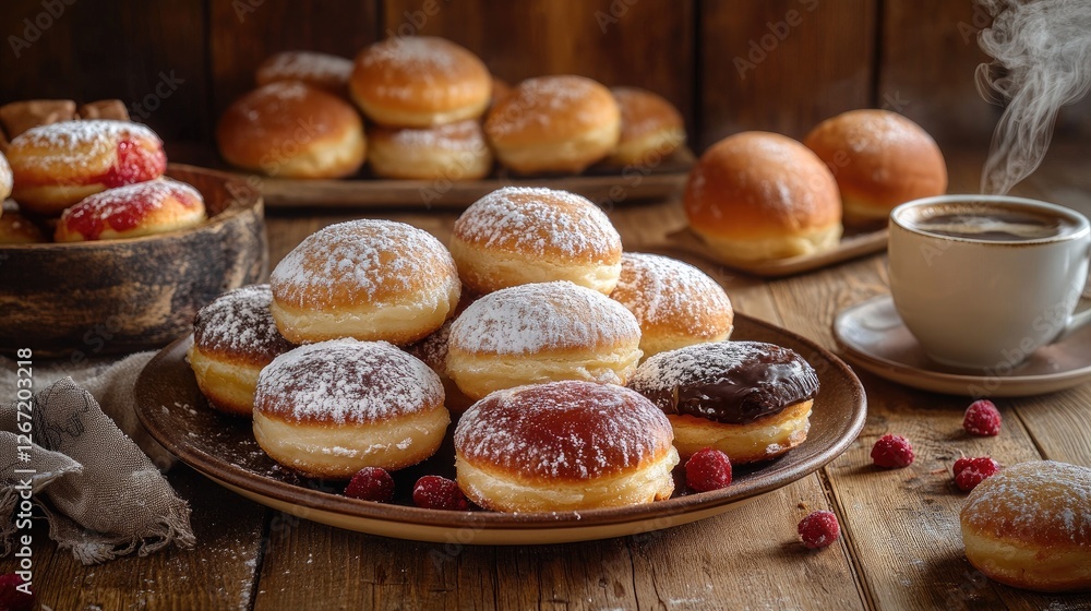 Delicious assorted donuts, coffee, rustic wood background. Food photography for recipe blogs Delicious assorted donuts, coffee, rustic wood background. Food photography for recipe blogs