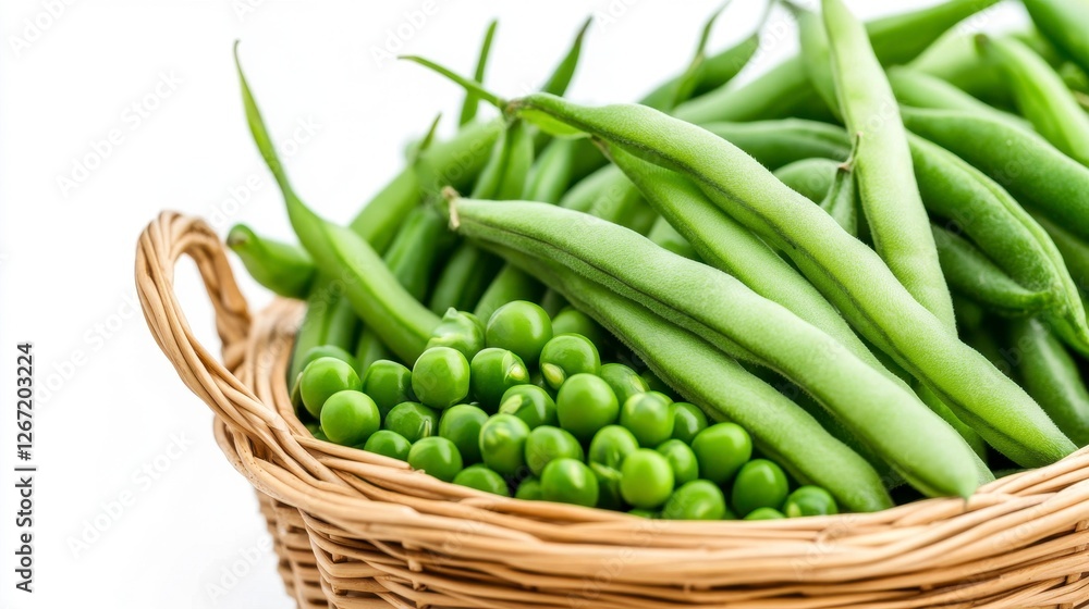 Oval Basket Filled with Fresh Green Beans and Peas on White Backdrop Still Life Oval Basket Filled with Fresh Green Beans and Peas on White Backdrop Still Life