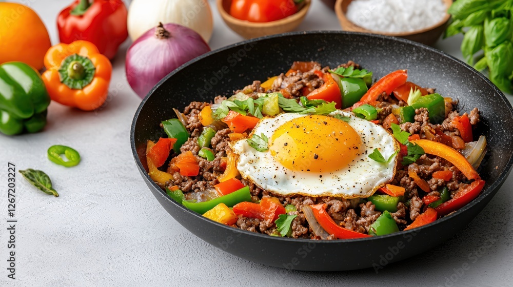 Delicious ground beef stir fry with colorful bell peppers and a fried egg sunny side up Delicious ground beef stir fry with colorful bell peppers and a fried egg sunny side up