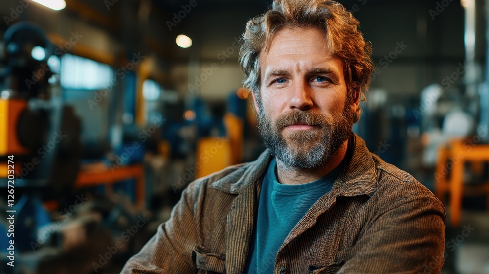 A rugged, bearded man stands confidently in an industrial workshop, showcasing a robust and hardworking demeanor against a backdrop of machinery and tools. A rugged, bearded man stands confidently in an industrial workshop, showcasing a robust and hardworking demeanor against a backdrop of machinery and tools.