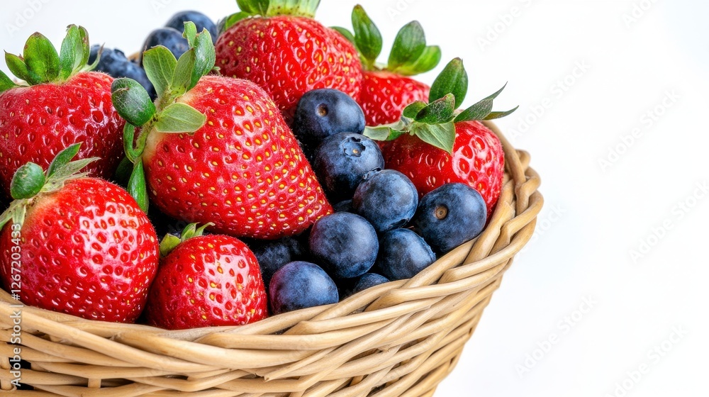 Obraz premium Oval Basket of Fresh Strawberries and Blueberries With White Background