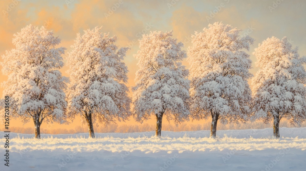 Serene winter landscape featuring snow covered trees at golden sunrise Serene winter landscape featuring snow covered trees at golden sunrise