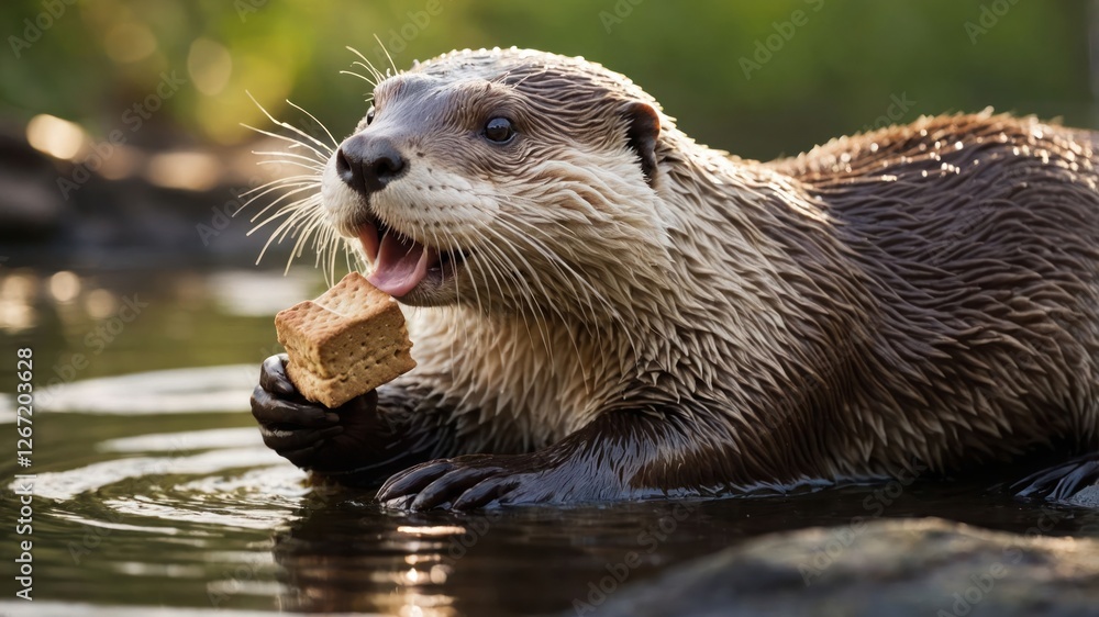An otter plays in water, holding a piece of food, showcasing its playful nature. An otter plays in water, holding a piece of food, showcasing its playful nature.