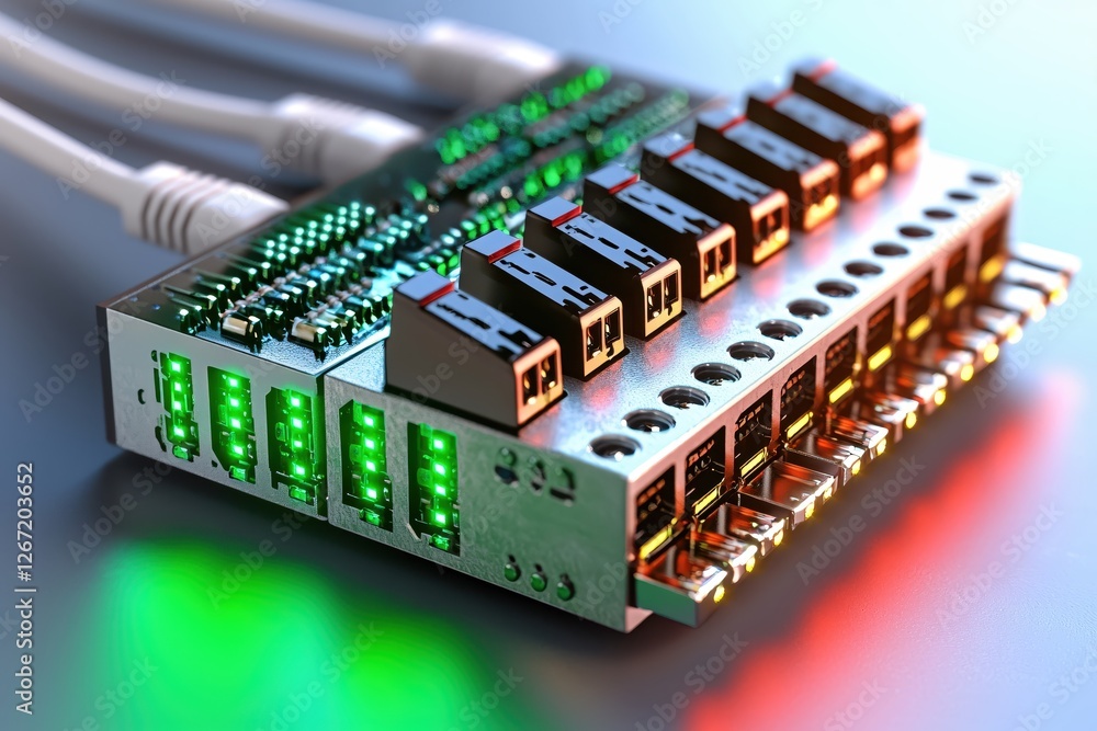 Network switch with connected ethernet cables and glowing ports for data transmission Network switch with connected ethernet cables and glowing ports for data transmission