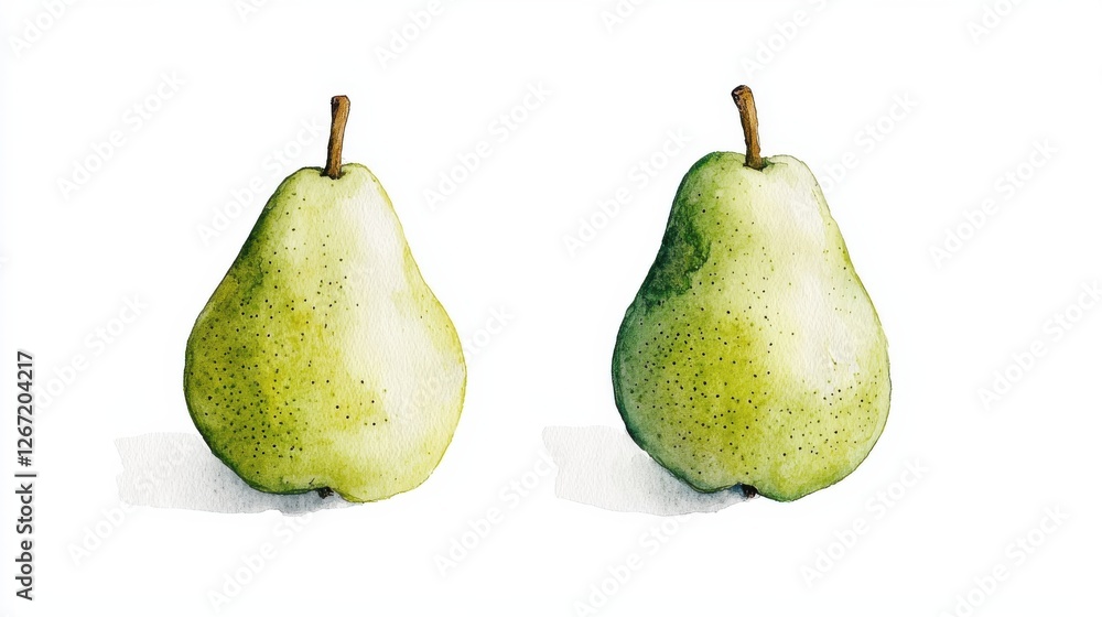 Two beautifully illustrated pears on a white background showcasing natures freshness and vibrant colors Two beautifully illustrated pears on a white background showcasing natures freshness and vibrant colors