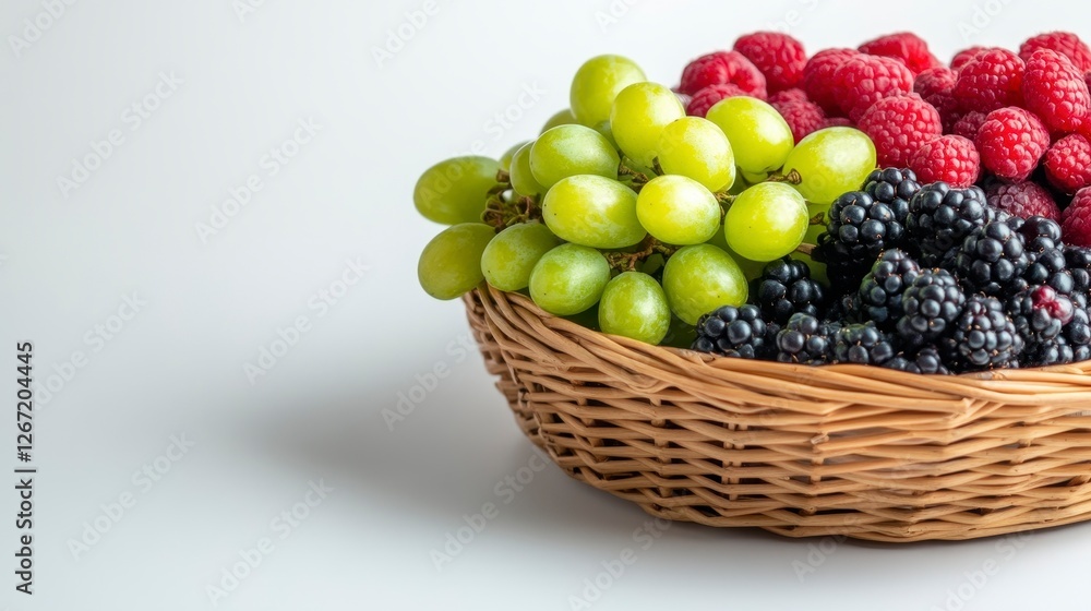 Round Fruit Basket with Fresh Berries and Grapes on a White Background Studio Shot Round Fruit Basket with Fresh Berries and Grapes on a White Background Studio Shot