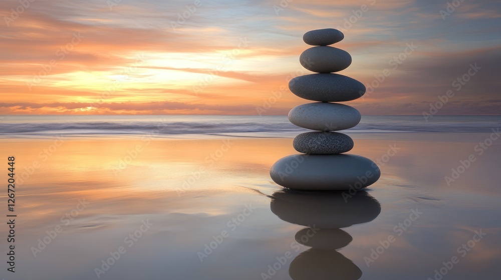 A collection of sacred stones carefully balanced on a quiet beach at sunrise. A collection of sacred stones carefully balanced on a quiet beach at sunrise.