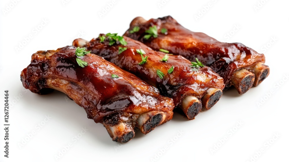 Indulge in this mouthwatering image of tender, juicy ribs coated in a rich, sweet barbecue sauce, garnished with fresh herbs, perfect for casual dining and celebrations. Indulge in this mouthwatering image of tender, juicy ribs coated in a rich, sweet barbecue sauce, garnished with fresh herbs, perfect for casual dining and celebrations.