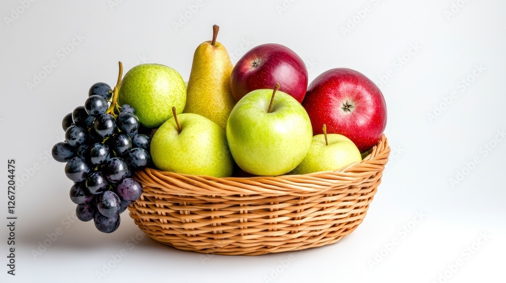 Round Wicker Basket Filled with Assorted Apples Pears and Dark Grapes on White Background Round Wicker Basket Filled with Assorted Apples Pears and Dark Grapes on White Background