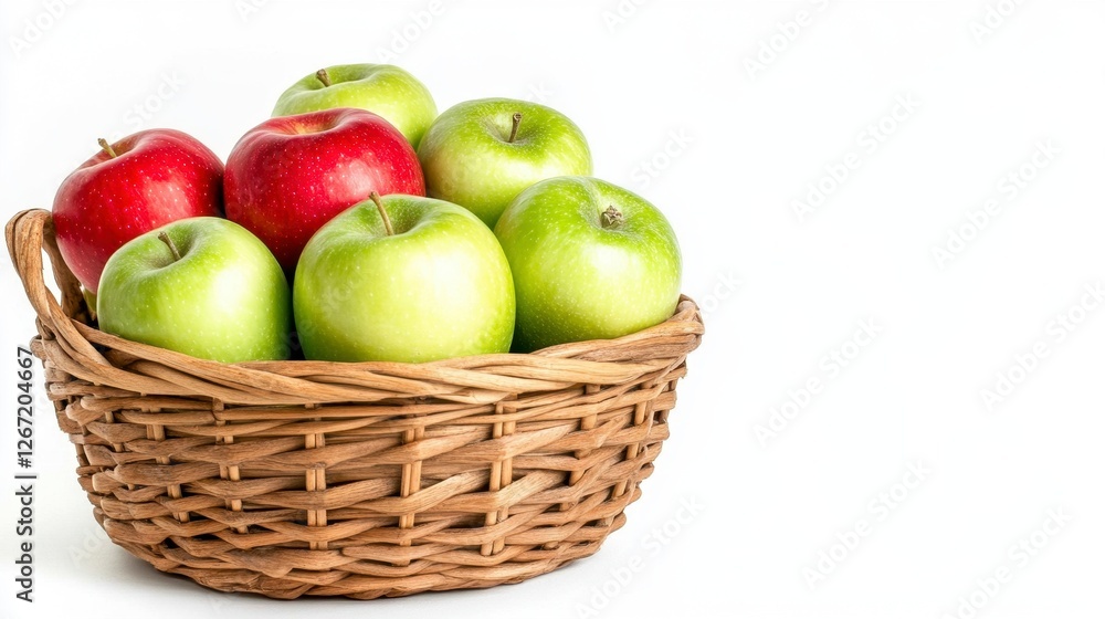 Rustic Basket Filled with Fresh Red and Green Apples on Clean White Surface Rustic Basket Filled with Fresh Red and Green Apples on Clean White Surface