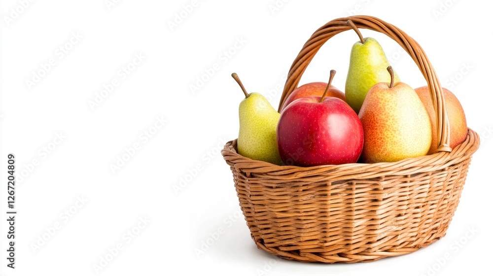 Rustic Wicker Basket Filled with Apples and Pears on Clean White Background Rustic Wicker Basket Filled with Apples and Pears on Clean White Background