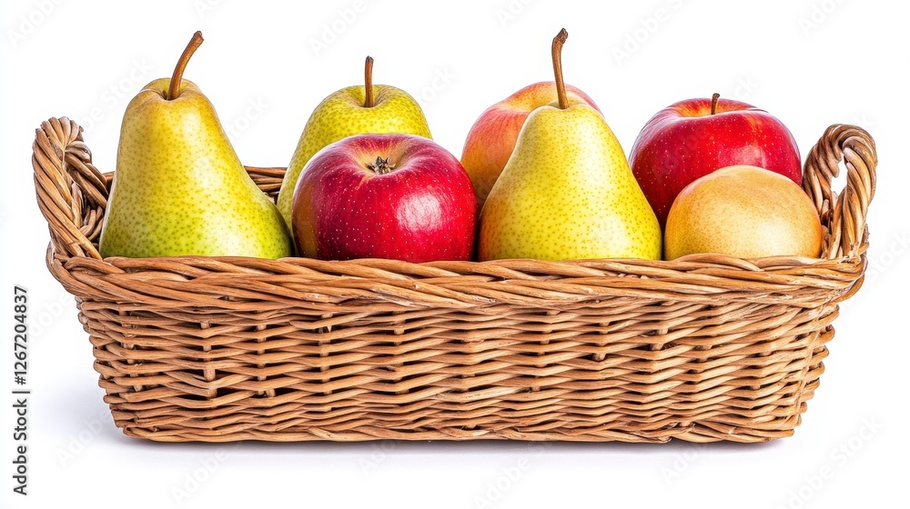 Rustic Wicker Basket Filled with Fresh Apples and Pears on Clean White Background