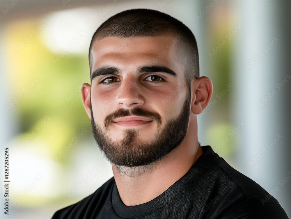 Fototapeta premium Confident young man with neatly trimmed beard and short haircut wearing black t shirt smiling with direct eye contact against blurred outdoor background