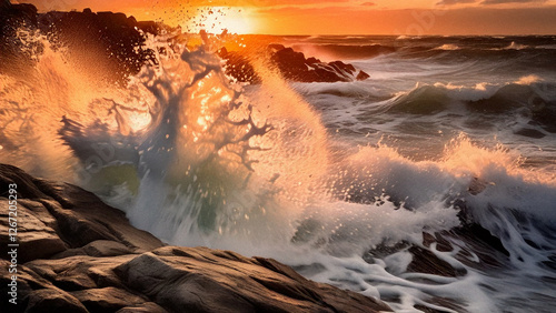 A photography of a turbulent ocean waves splashing onto rocks, symbolizing intensity, struggle, and raw emotions