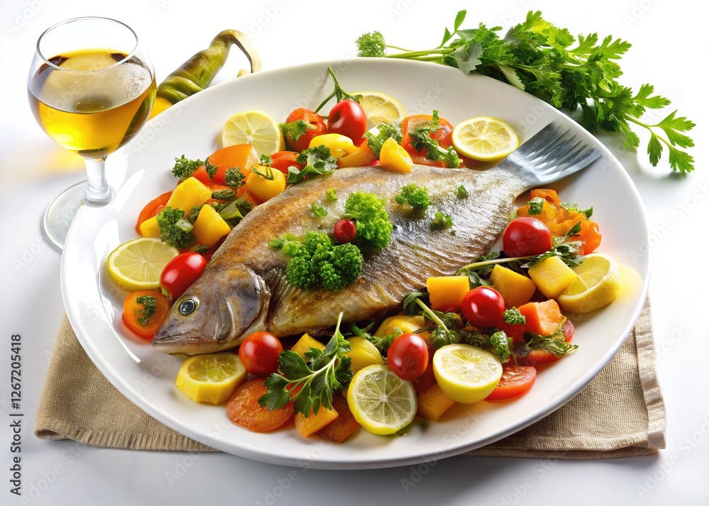 Flounder with Vegetables and Herbs Served with White Wine: A Culinary Masterpiece Flounder with Vegetables and Herbs Served with White Wine: A Culinary Masterpiece
