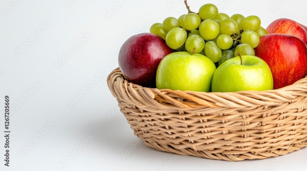 Small Woven Basket Filled with Red and Green Apples with Green Grapes on White Backdrop Small Woven Basket Filled with Red and Green Apples with Green Grapes on White Backdrop