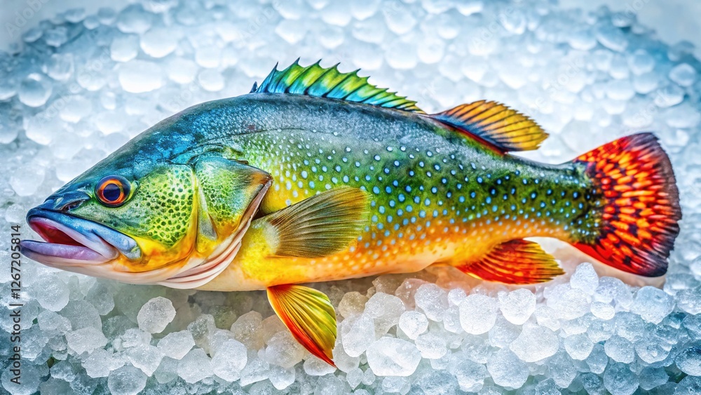 Naklejka premium Fresh Murray Cod Fish Freezing on Ice at Fish Market