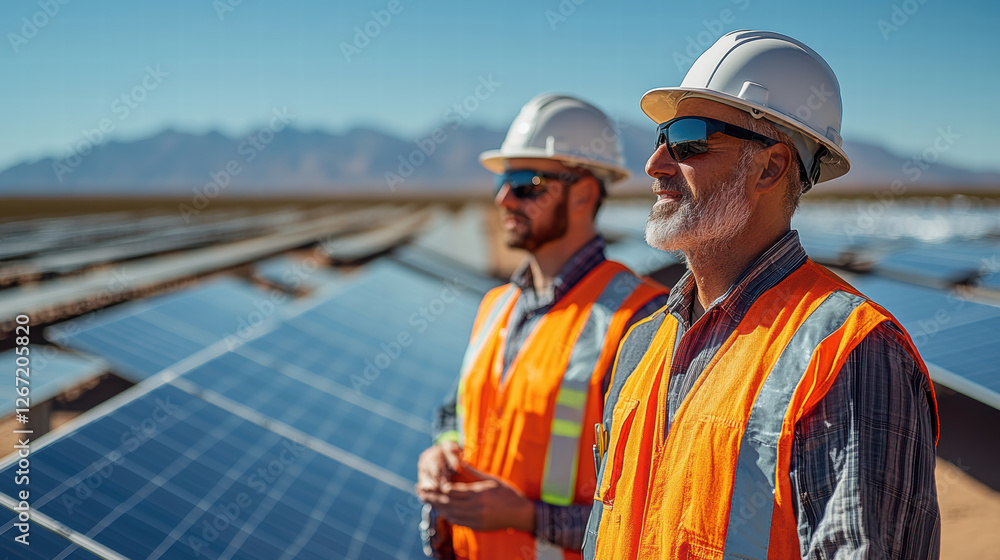 Solar energy workers in safety gear at solar park, showcasing teamwork and dedication to renewable energy. landscape features solar panels and mountains in background Solar energy workers in safety gear at solar park, showcasing teamwork and dedication to renewable energy. landscape features solar panels and mountains in background